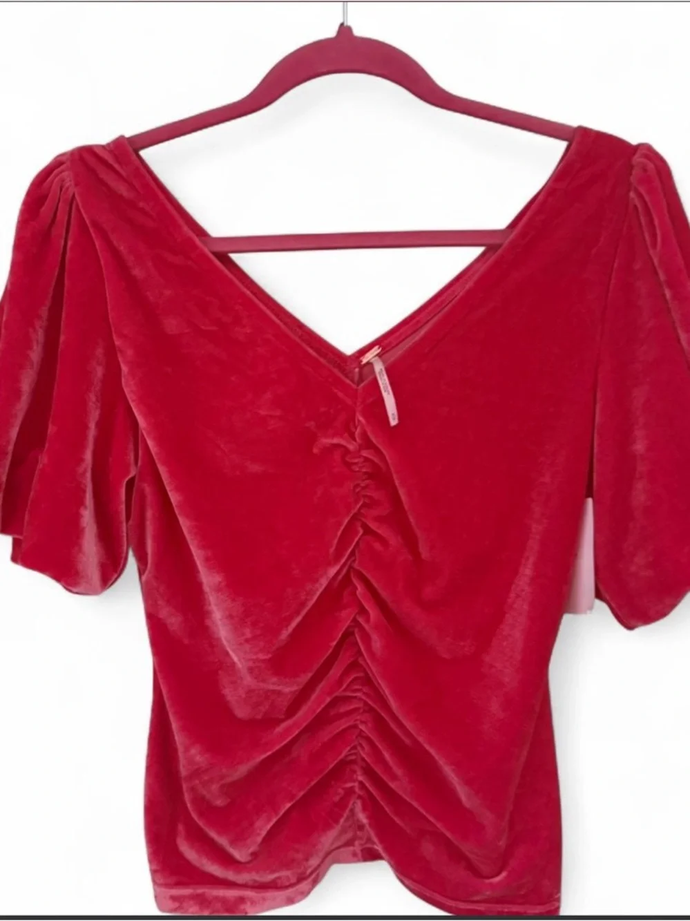 Free People Coral Ruched V-Neck Puff Sleeve Top - Picture 2 of 4